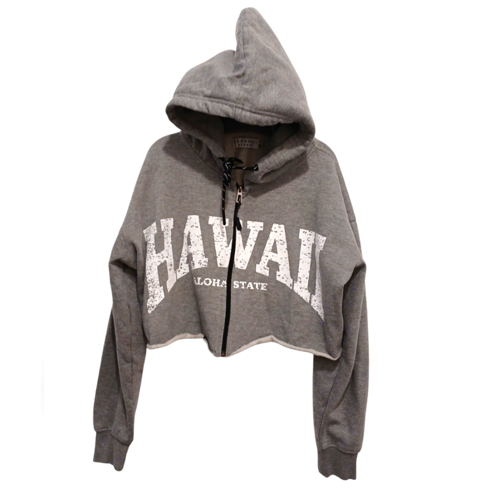 RR Hawaii Cropped Hoodie Sweatshirt Zip Sz M Gray Preppy Sporty Beach Resort